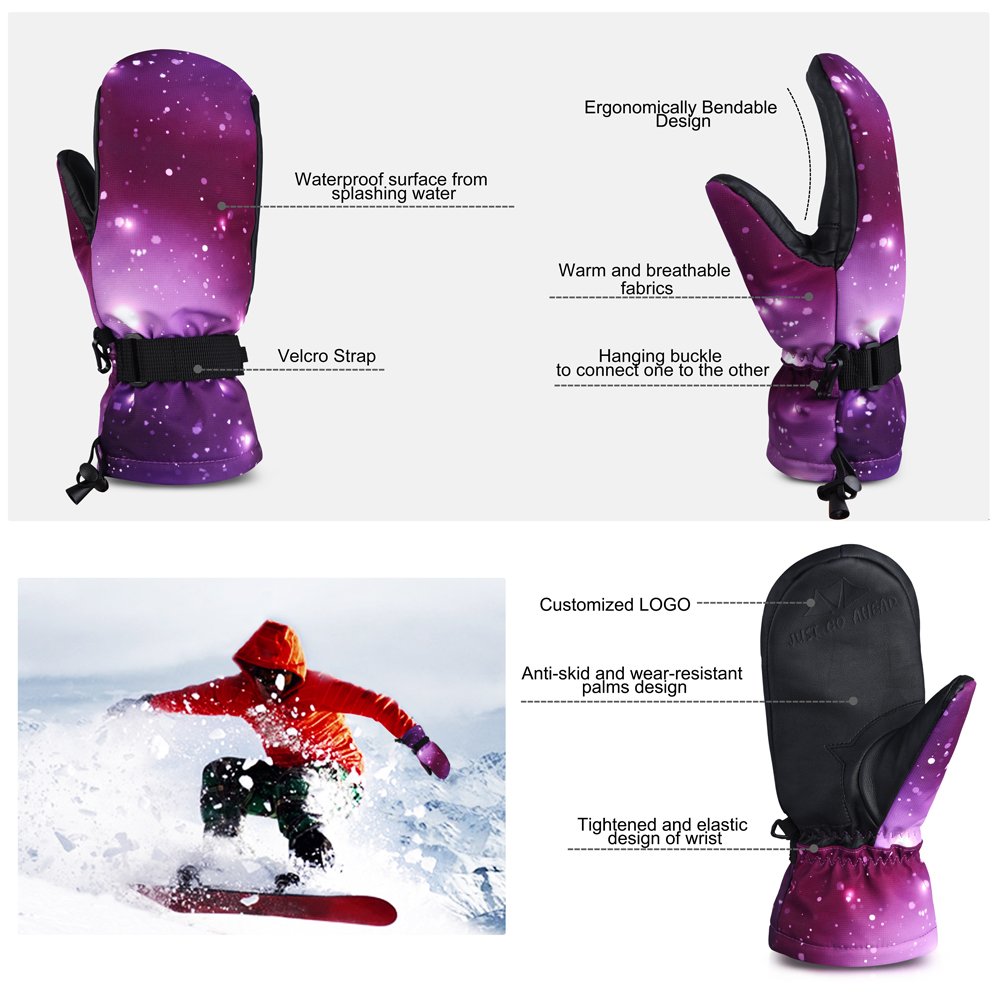 Vbiger Ski Gloves Cycling Mittens Waterproof Winter Warm Gloves (Star Pattern, L)