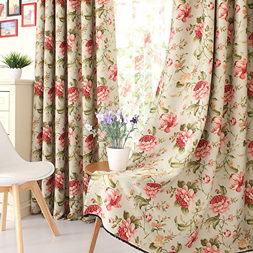 LELVA European-style Rose Floral Thermal Insulated Blackout Grommet Curtain Panel Room Darkening Drapes Package of 2 Piece (W52" X L84")