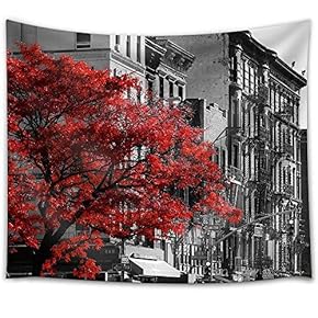 Red Fall Tree in Black and White NYC Street Scene on 2nd Avenue in The East Village of Manhattan, New York City - Fabric Wall Tapestry Home Decor - 51x60 inches