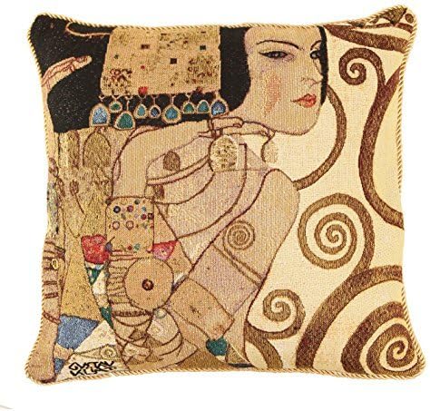 Handbag Queen 18 x 18 - Inches Tapestry Cotton Art Cushion Cover with Brocade Rope Edges - Klimt Tree of Life Lady