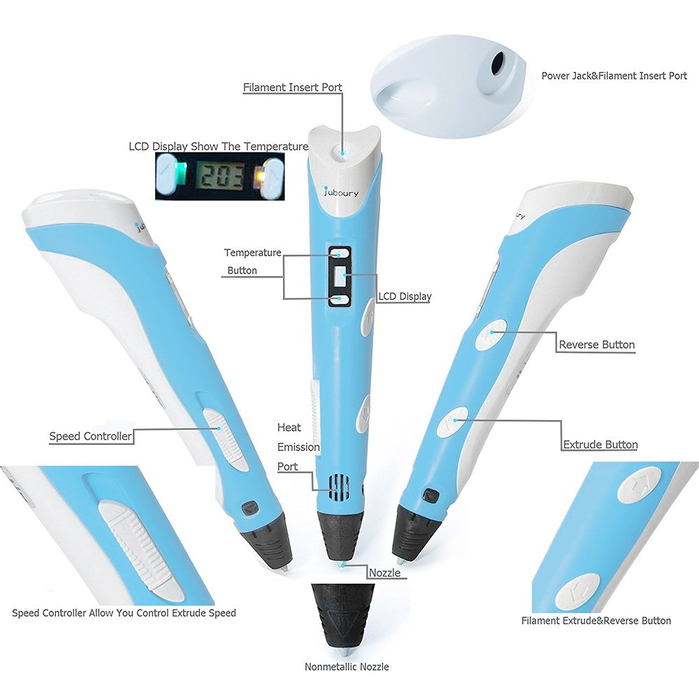 3D Printing Pen for Kids,Juboury JBY-II 3D Drawing Pen with LCD Temperature Display for Model Printing,Art Design,DIY and Crafts Drawing-Compatible with 1.75mm ABS and PLA Filament (Blue)