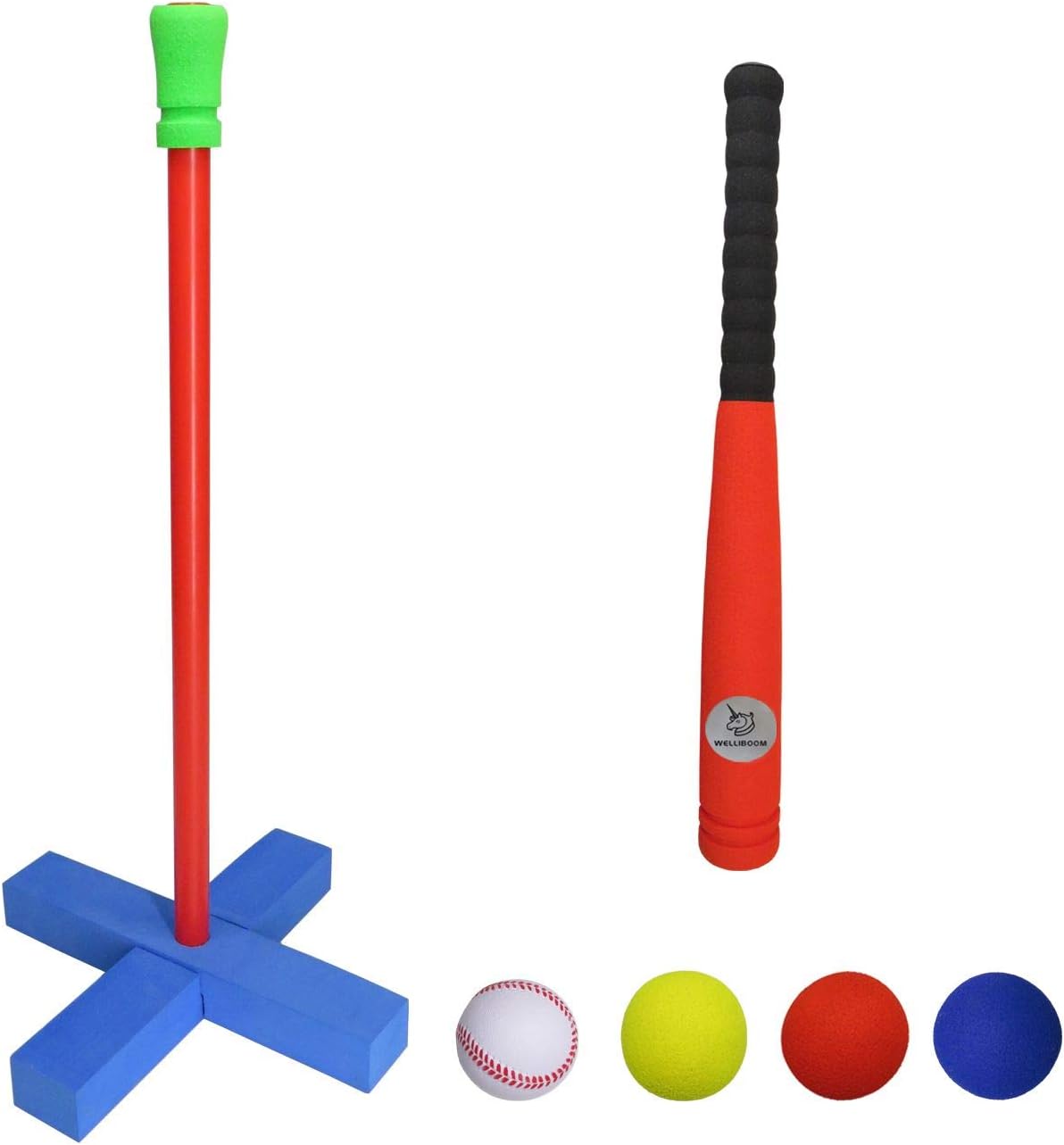 Welloboom (Standard Size) Kids Soft Foam T-Ball/Baseball Set Toy, 4 Different Colored Balls, Carry/Organize Bag Included, For Kids Over 3 Years Old, Red