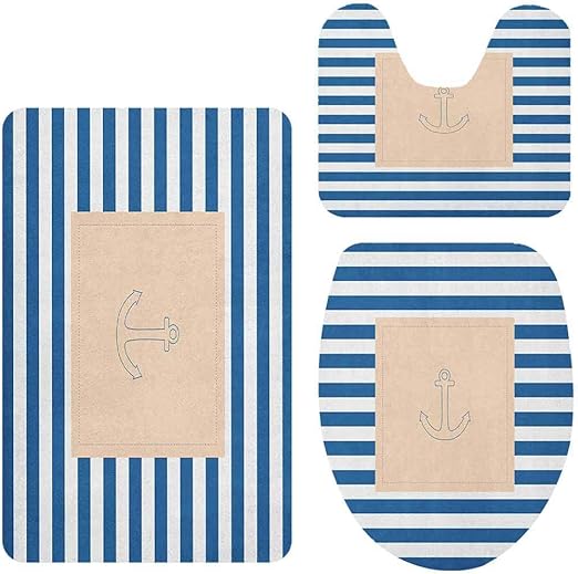Juego de 3 alfombrillas de baño con diseño de ancla marítima y líneas