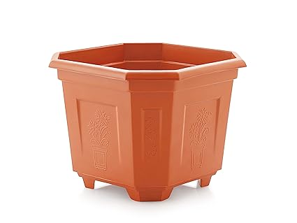SHOPATHON INDIA Bageecha Square Shape Teracota Brown Floral Design Plastic Planter Pot with Base Stand for Home Balcony Gardening - Pack of 6 Pots - Size : 8.00 x 6.25 Inch (20 x 16 cm)
