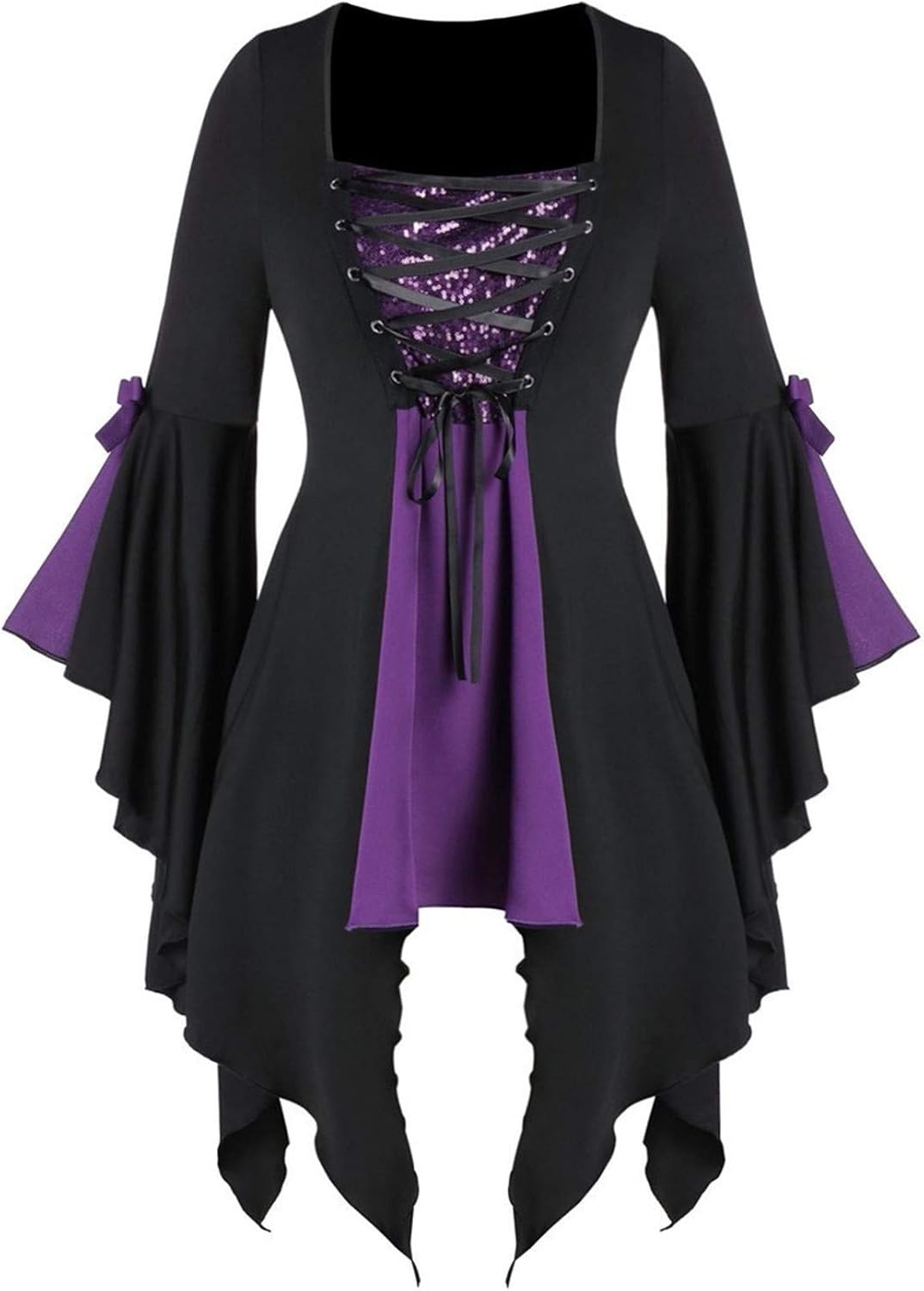 Women's Long Sleeve Tops Vintage Gothic Tunic Cross Lace-up Sequins Flared Sleeves Plus Size 