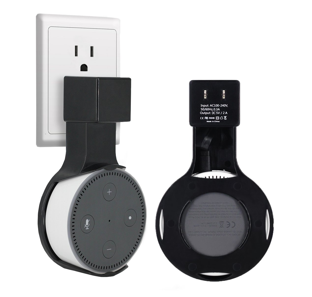 AOTINA Echo Dot 2 Wall Mount Outlet Wall Mount Hanger Holder Stand Plug in mount for Amazon Echo Dot 2nd Generation without Mess Wires Or Screws, Plug in Kitchens Bathroom Bedroom (Black)