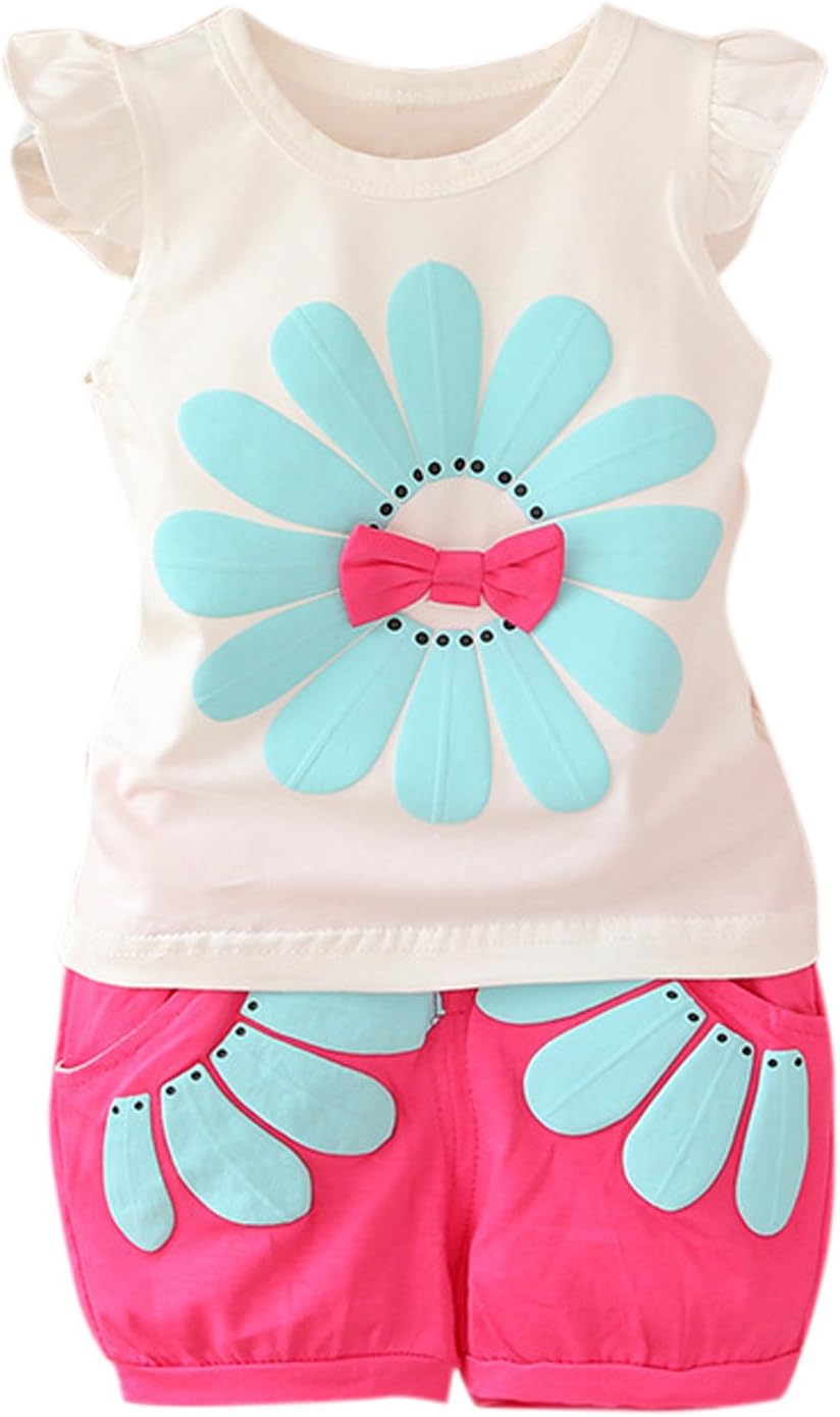 Baby Toddler Girls Cute Flowers Tops T Shirt Tee and Shorts Summer Outfits 2pcs Girls Clothing Sets