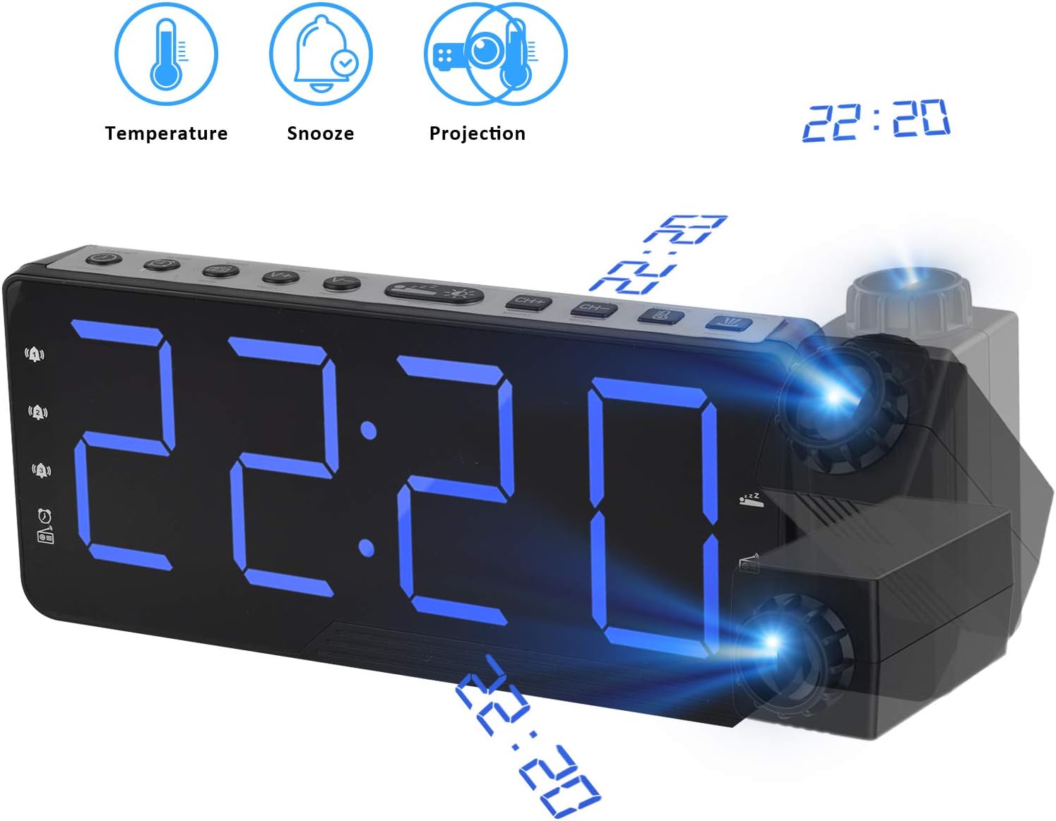 TINMIU Radio Alarm Clock Projection Clock with Time&Temperature Projection Bedside Digital Clock with Triple Alarms FM Radio 3 Dimmers Snooze Setting Battery Backup and Radio Sleep Timer Function