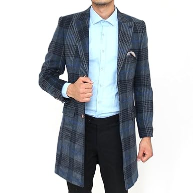 Amazon チェスターコート メンズ 冬 チェック ウール 青 ブルー