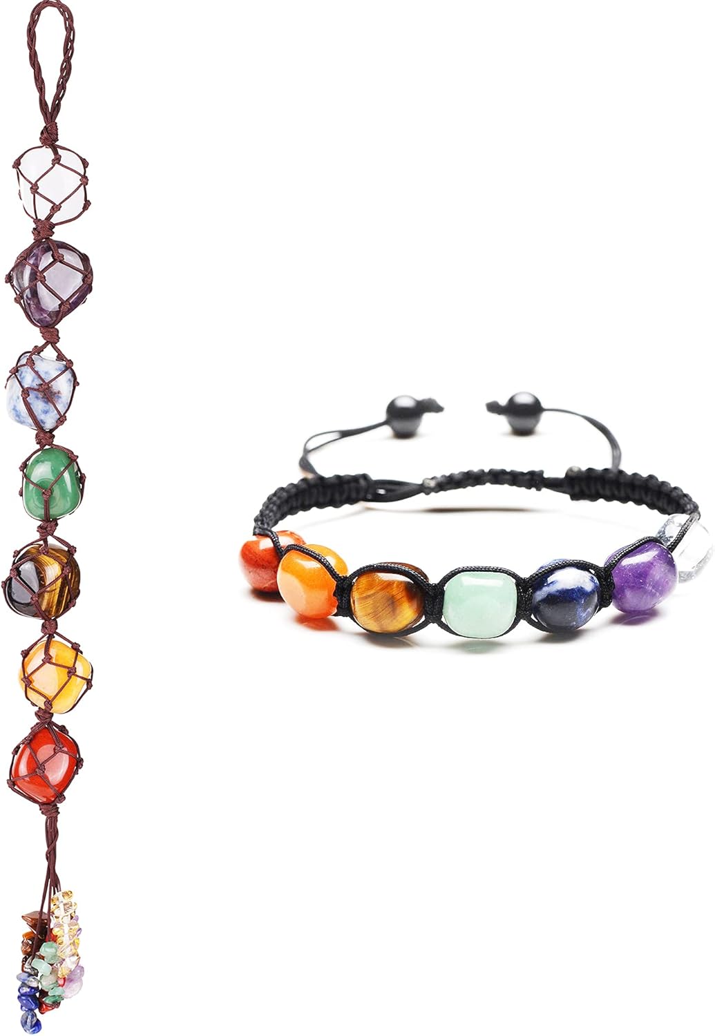 Bundle - 2 Items 7 Chakras Car Ornament Reiki Healing Crystals Tassel Window Home Wall Hanging Ornament + 7 Chakra Healing Crystals Yoga Beads Braided Rope Bracelet