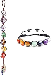 Bundle - 2 Items 7 Chakras Car Ornament Reiki Healing Crystals Tassel Window Home Wall Hanging Ornament + 7 Chakra Healing Crystals Yoga Beads Braided Rope Bracelet