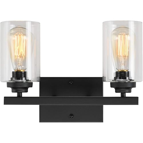 Wall Sconce 2-Light Bathroom Vanity Light Industrial Vintage Lighting Fixture with Clear Glass Shade, Black