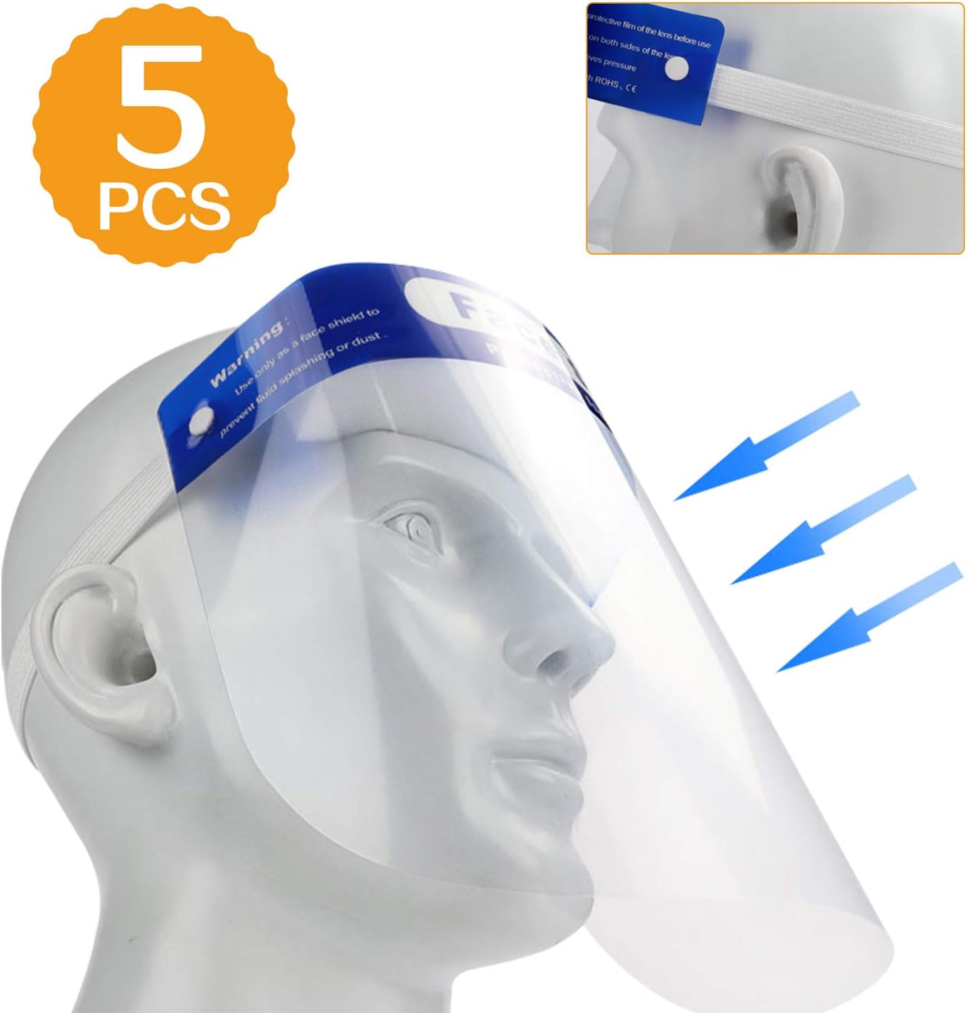 5 Pack Face Shield, Medical Protect Eyes and Full Face, Anti-fog Dental Face Shield with Protective Clear Film Elastic Band and Comfortable Sponge for Men and Women (FDA Approved & Fast Shipping)