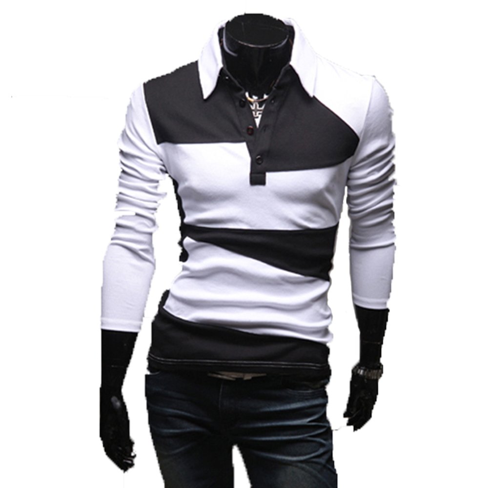CNlinkco Mens Polo Shirts V Neck T Shirt Long Sleeve Polo Casual Stylish Slim Fit Cotton Shirt (White XXL)