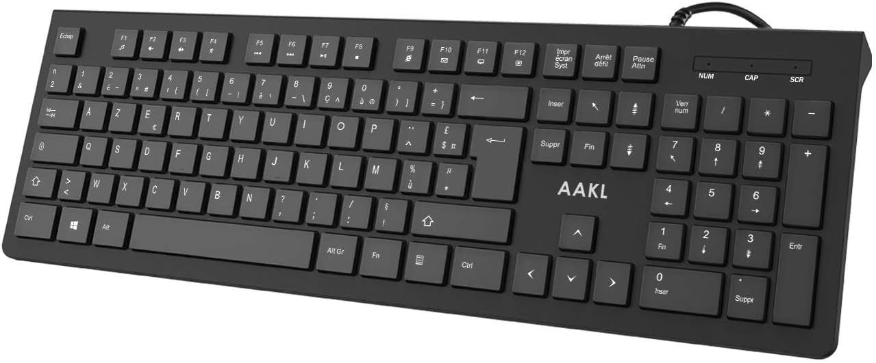 AAKL Clavier Filaire AZERTY de Membrane Clavier Chiclet USB Français 105 Touches Wired Keyboard Résistant aux Déversements Pour Windows 10/8/7/98/XP/Vista, Mac, Linux, etc