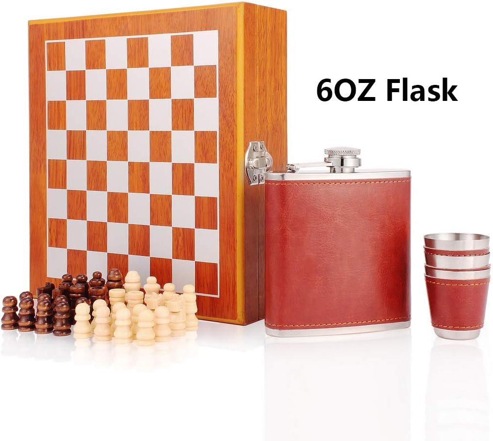 GENNISSY 7" Wooden Chess 6OZ Brown Leather Hip Flask Set - Stainless Steel Flasks With Funnel and 3 Cups Gift Box
