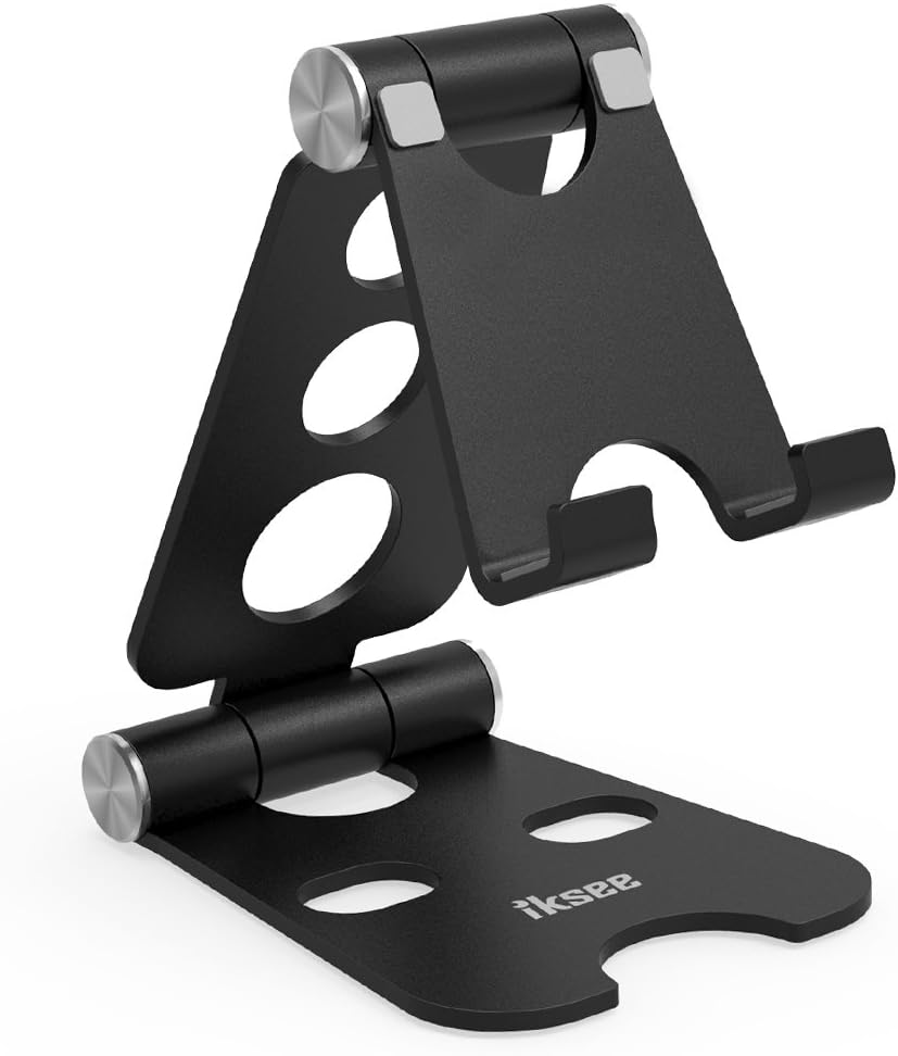 iKsee Adjustable Cell Phone Stand, Smartphone Tablet Stand, Dual Foldable Phone Holder, Cradle for iPhone 8 X 7 6 6s Plus 5 5s 5c Tablet E-Reader(4-13"), Desk Accessories-Black