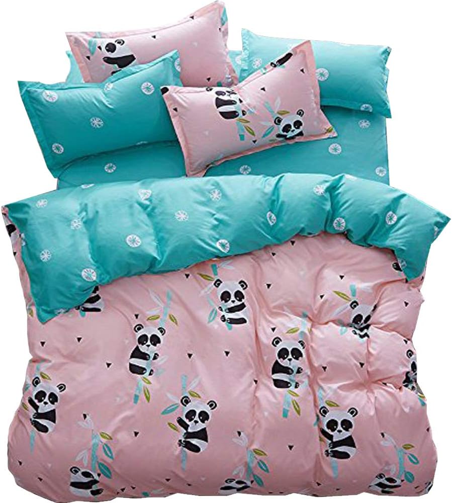 LuDan 3pcs Animal Print Bedding Sheet Set One Duvet Cover Without Comforter Two Pillowcases Beddingset Twin Full Queen King Size Panda Design (Pink, Twin)