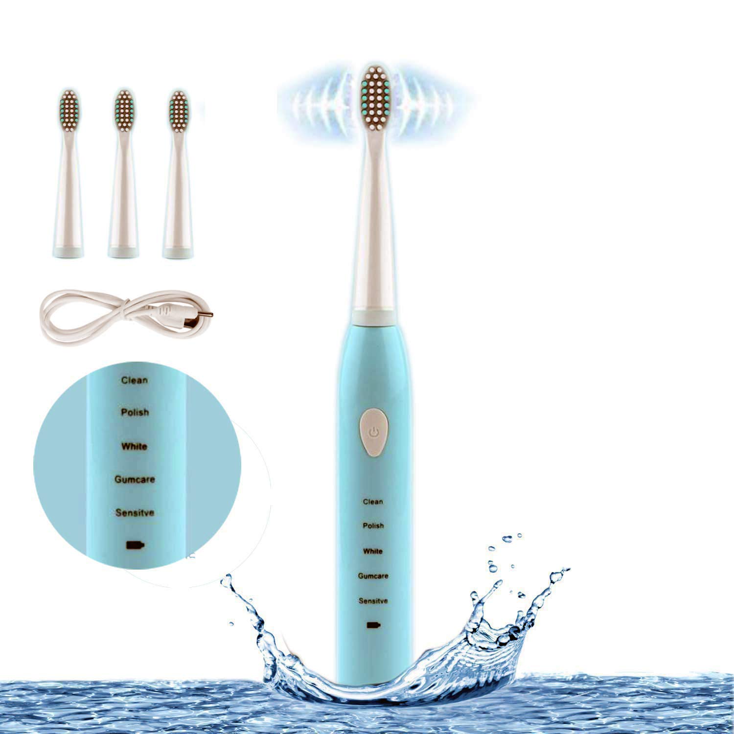 RED-NI Sonic Electric Toothbrush, 4 Free Replacement Heads Included as Gifts Ideal for Adult Children and Couples Use USB Fast Charging Waterproof Toothbrush,Model: ET201 (Blue)