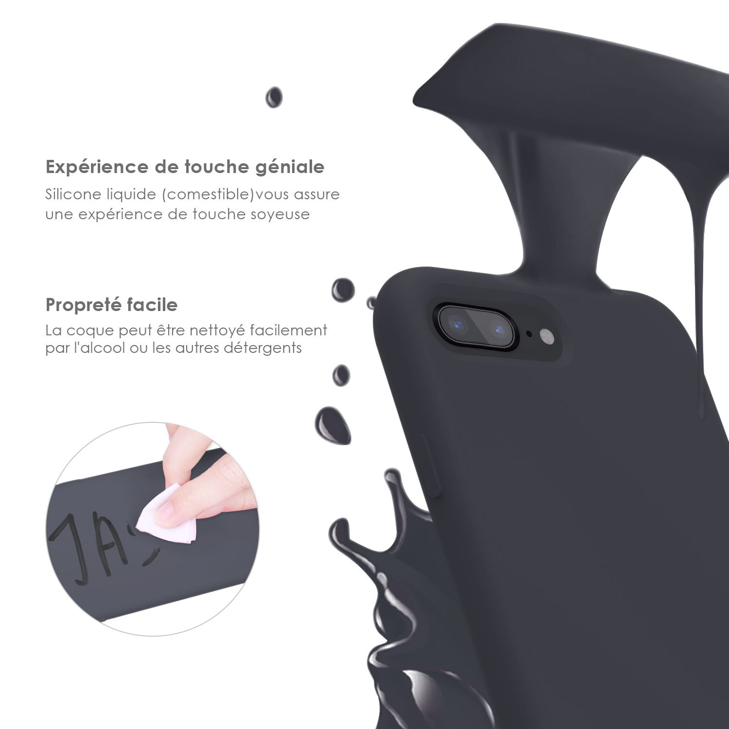 Coque iPhone 7 plus / 8 plus, JASBON Coque Silicone Liquide Anti-rayure avec Protecteur d\'écran Gratuit, Housse Protection Anti-patinage Case de Style Classique pour iPhone 7 plus / 8 plus – Noir