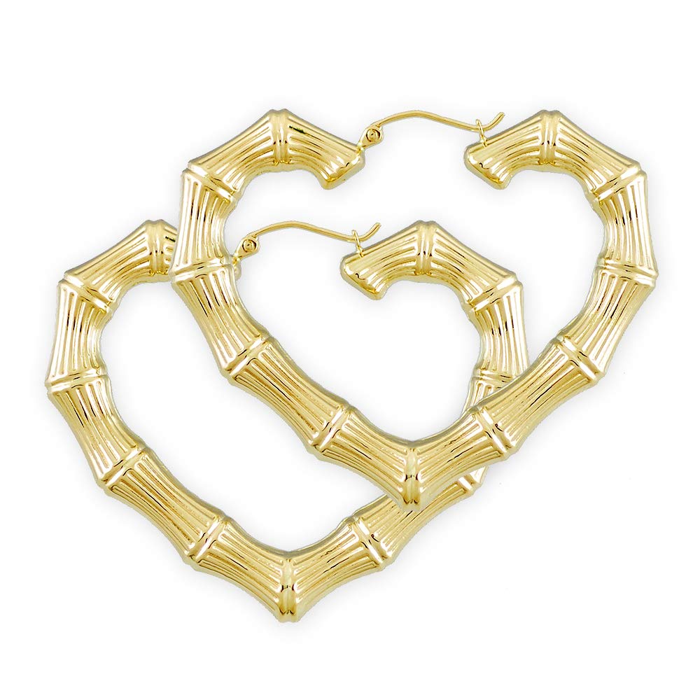 10k Yellow Gold Heart Bamboo Hollow Hoop Earrings 2 Inches Wide.