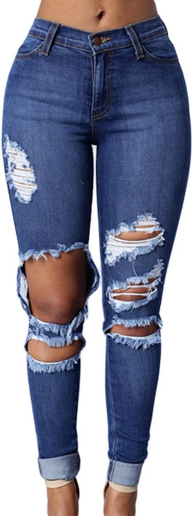 ZKOO Women Ladies Destroyed Ripped Jeans Butt Lift Skinny Denim Trousers Cotton Stretch Jeans Pencil Pants Legging Casual