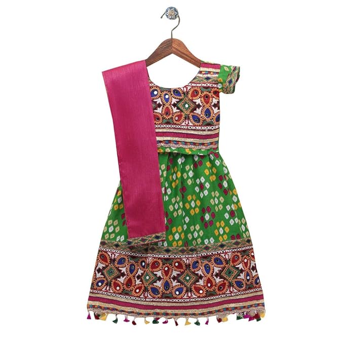BownBee By Hopscotch Baby Girls Cotton Bandhani Print Lehnga Choli in Green Color