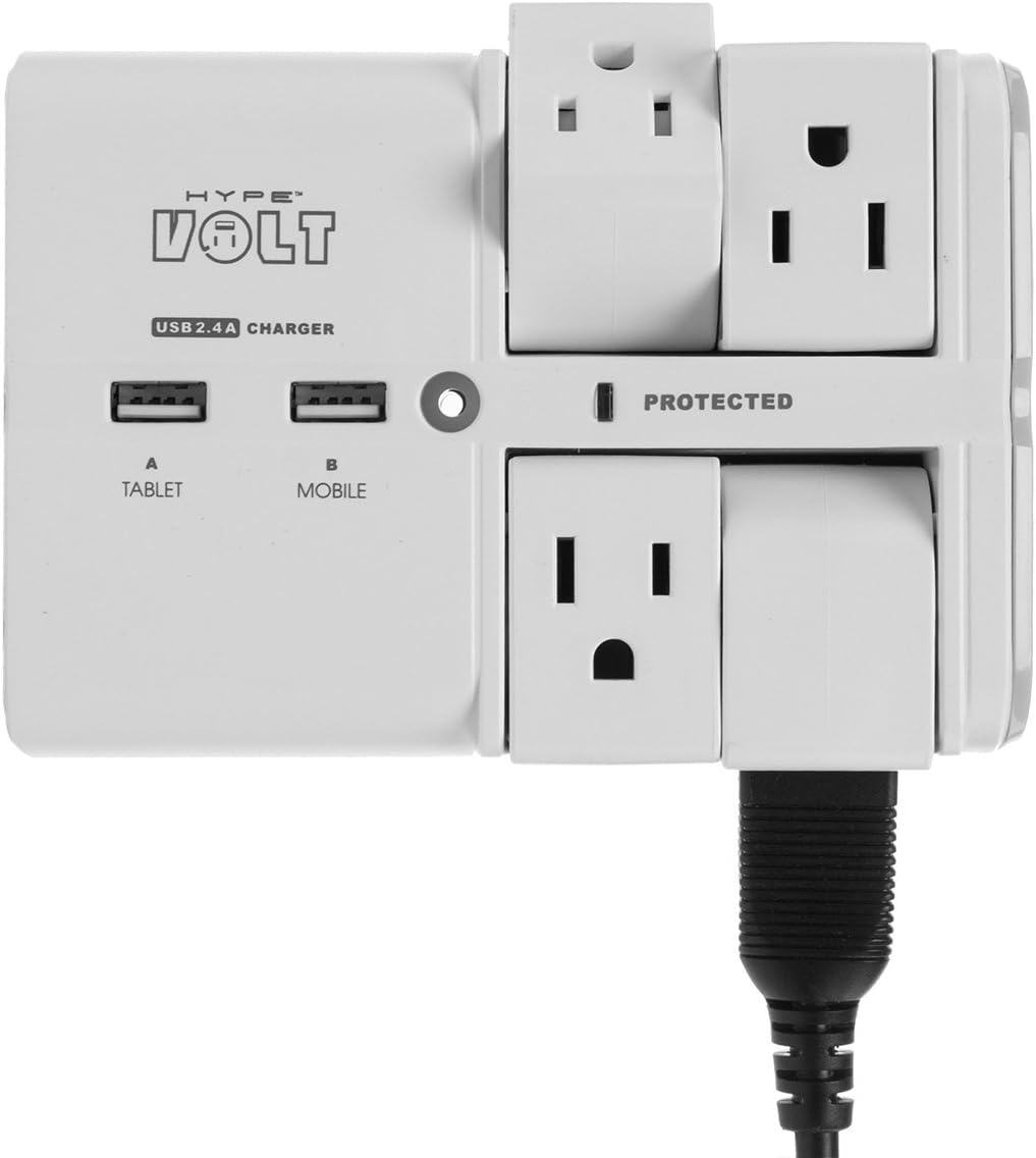 HypeVolt 90 Degree Wall Tap Swivel Surge Protector with 2 Usb Charging Ports