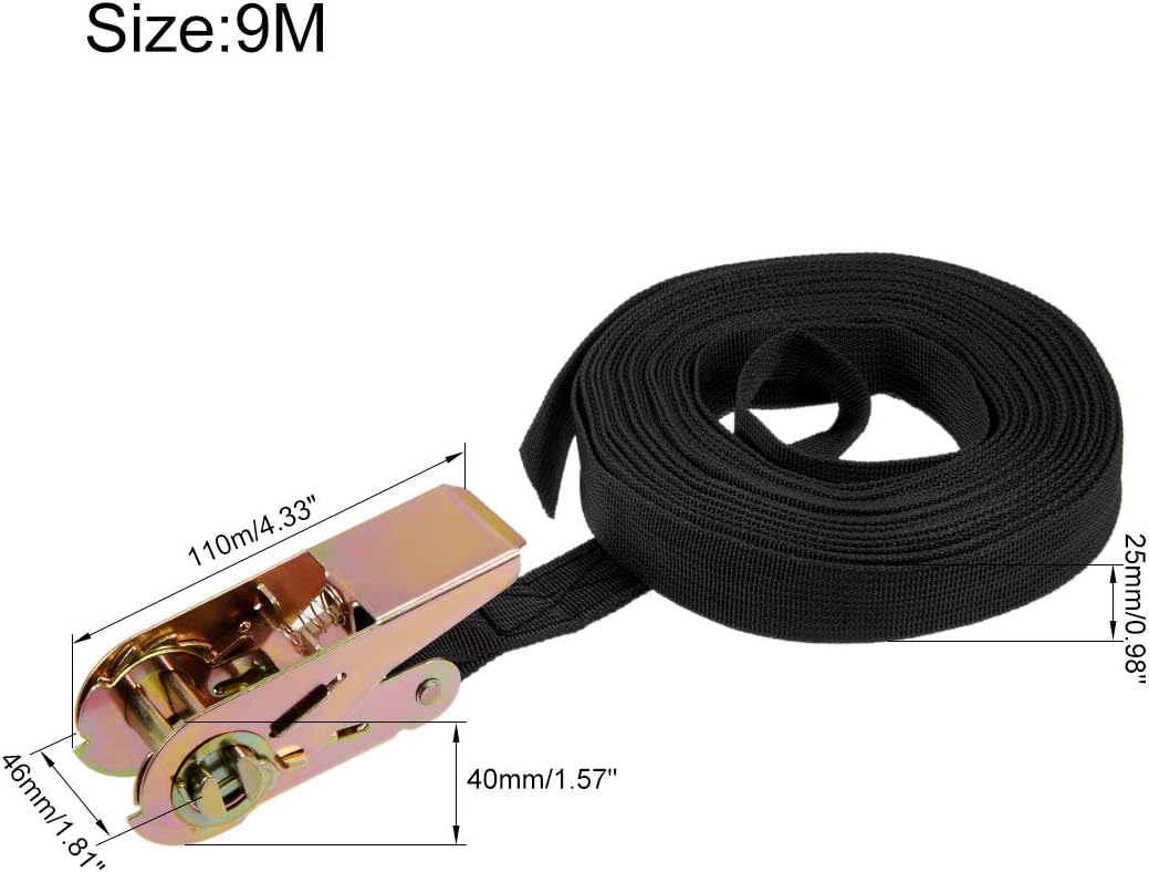 sourcing map Ratchet Tie Down Lashing Strap 1" x 30Ft 550lb 250Kg Load Polypropylene for Moving Securing Cargo Black, Pack of 2 - Image 3