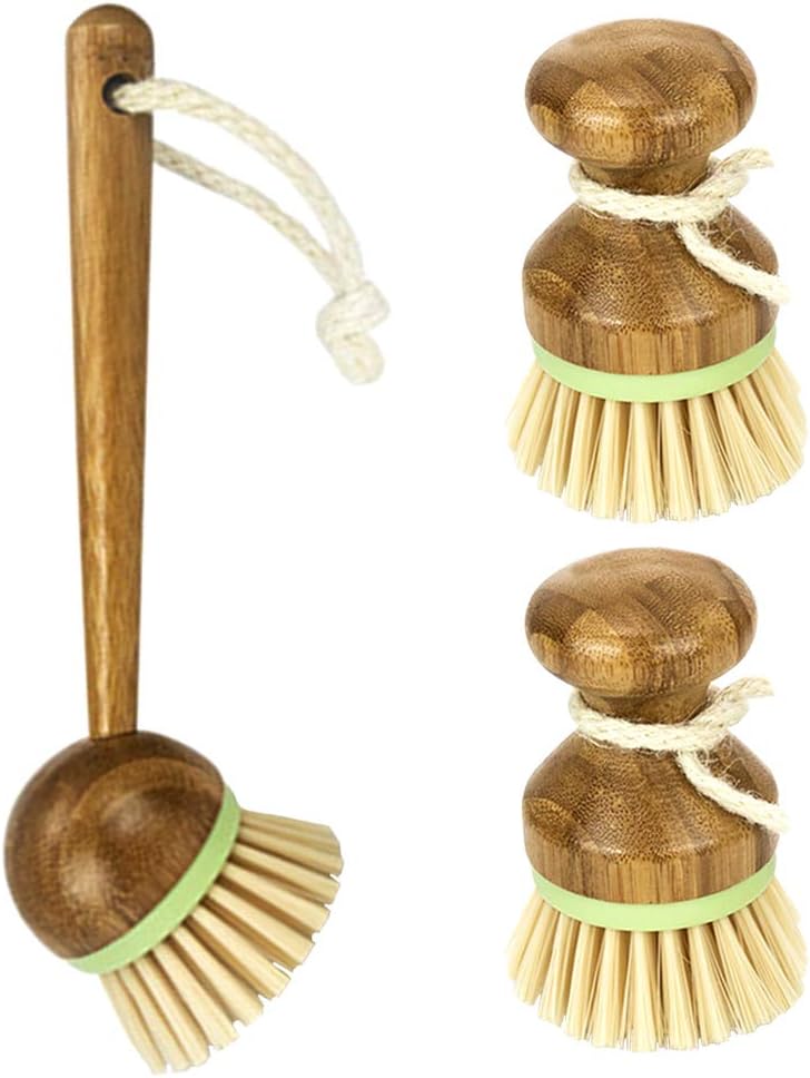 One Set Dish Brush, 2 Mini Palm Scrub Brush + 1 Long Handle Brush Dish Scrubber, Bamboo Dish Washing Brush Classic Retro Style Natural Wood for Kitchen Bathroom Household Cleaning