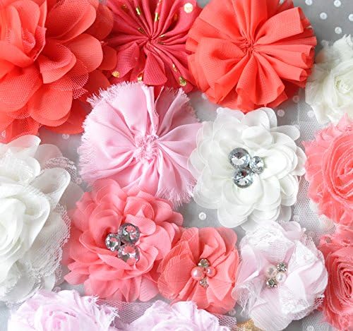 Coral, Light Pink, and Ivory Shabby Chiffon Fabric Flowers Mix for DIY Baby Headbands and Embellishments