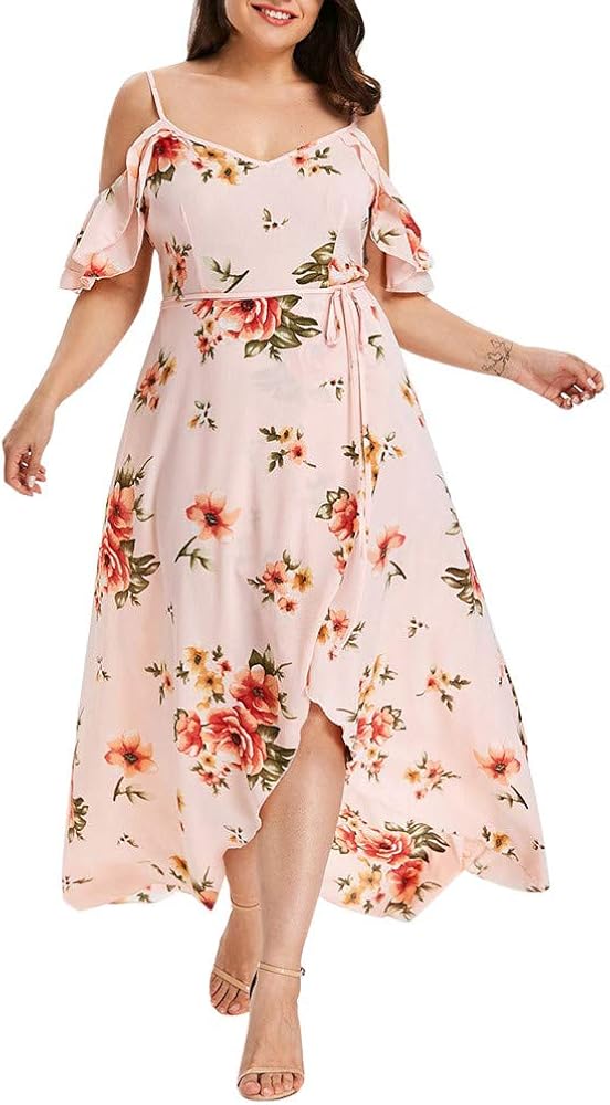 Aniywn Women Plus Size Short Sleeves Off Shoulder Belted Empire Waist Asymmetrical High Low Bohemian Party Maxi Dress