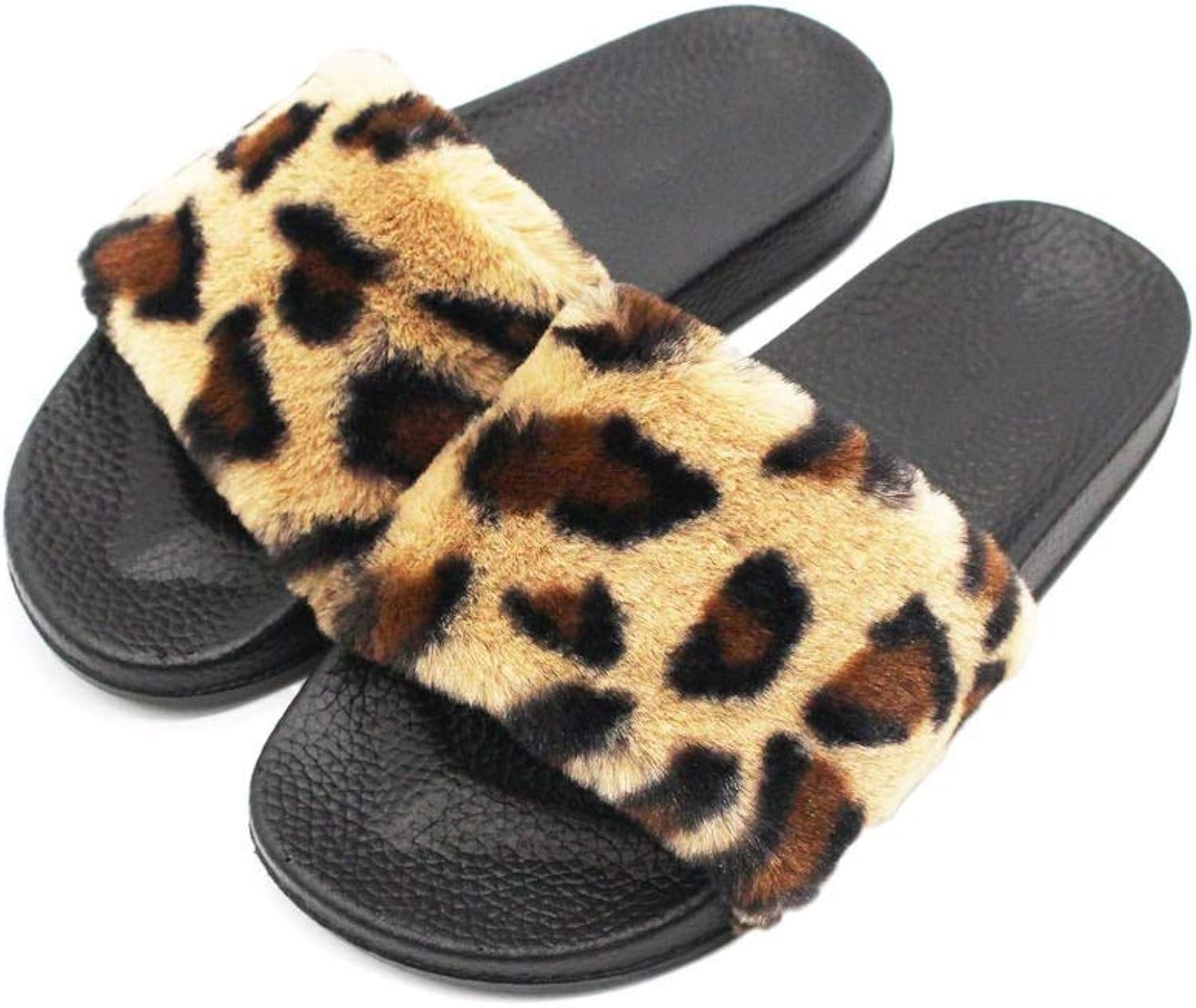 Womens Slippers Fashion Leopard Faux Fur Flat Slippers Slide Plush Slipper Flip