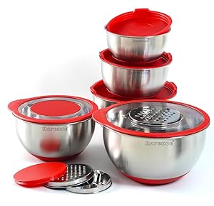 Rorence Stainless Steel Mixing Bowl Set of 5 with Graters & Transparent Lids - Red