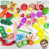 Cutting cooking food toy - 35PCS kitchen Play Food wooden Magnetic Pretend Play Set Educational Toy Fruits Vegetables For children Learning Gift for 2, 3, 4 Year Old Kids, Toddlers, Boys & Girls