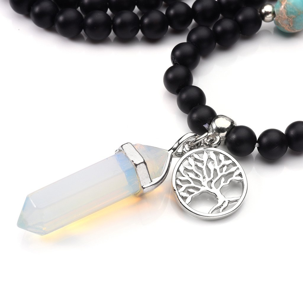 JOVIVI 6mm Matt Schwarz Achat Perlen Armband Buddha Armreif Wickelarmband Halskette mit Lebensbaum Hexagon Säulen Anhänger (Opalite)
