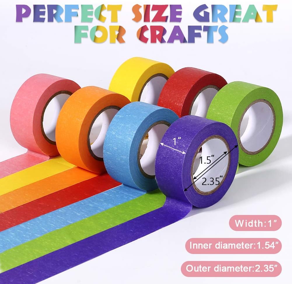 Colored Masking Tape, Arts Painters Tape with Rainbow Colors for Kids Craft Paper Tape Decorative Colorful Teacher Tape for DIY Labeling Coding School Projects 7 Rolls, 1 Inch x 42.6ft