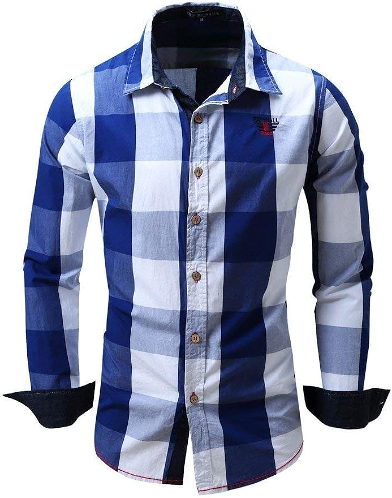 Men's Check Shirt Casual Cotton Blouse Slim Fit Plaid Shirt Long Winter