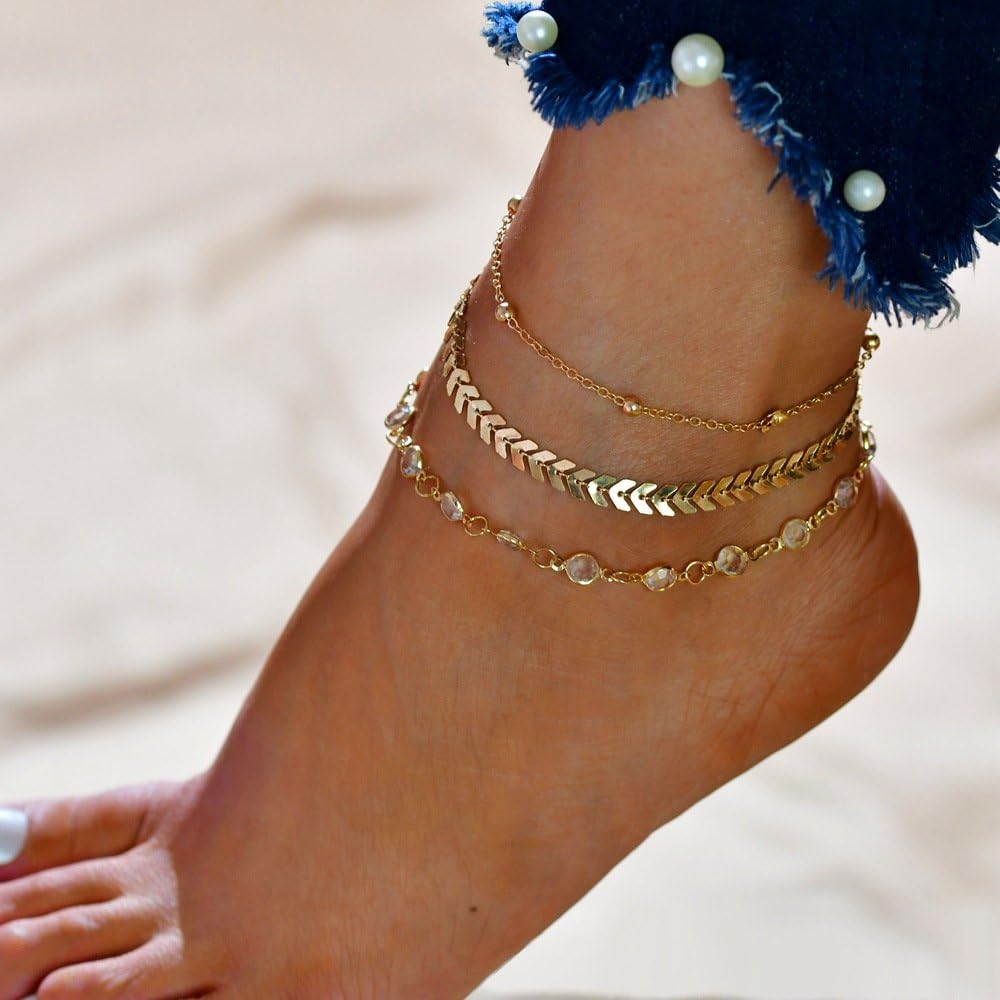 (Set of 3) Simple Arrow Fish Bone Anklet Chain Crystal and Beads Beach Sandal Barefoot Foot Ankle Bracelet Accessories(Silver)