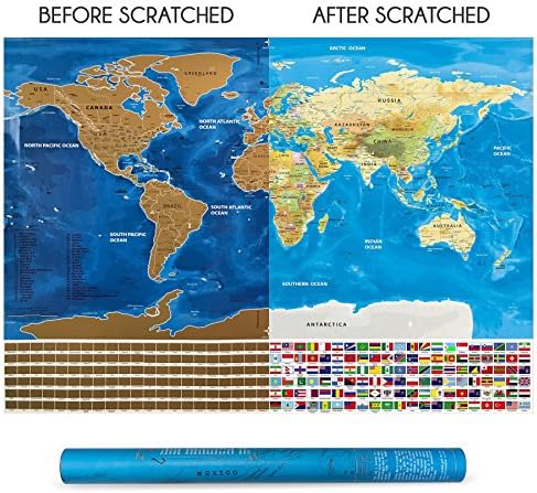 Scratch Off World Map Poster with Countries Flags / Track Your Trips / Share Your Adventures / Great for Globetrotters / Perfect size / Precise Scratch Pen is Bonus