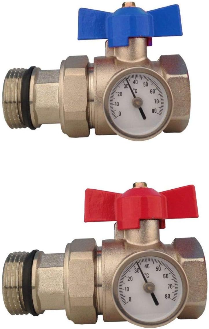 Wärmer System Isolation Valve with Thermometer 1 inch Red-Blue Handle FxM for Underfloor Heating Manifold