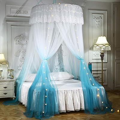 Mengersi Princess Bed Canopy, Round Dome Mosquito Net, Blue/White