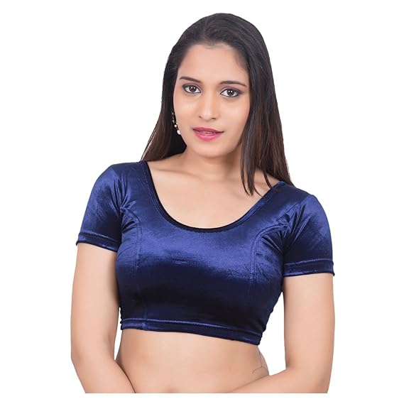 Womens Velvet Designer Navy Blue Short Sleeves Princess Cut Stretchable Readymade Saree Blouse