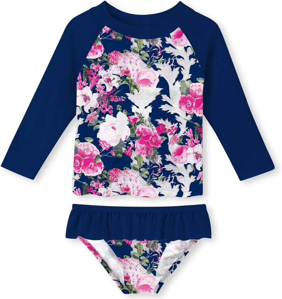 ALOOCA Little Girls Two Pieces Rash Guard Swimsuit Set Long Sleeve Print Bikini Bathing Suit UPF50+ Beach Swimwear 2-8T