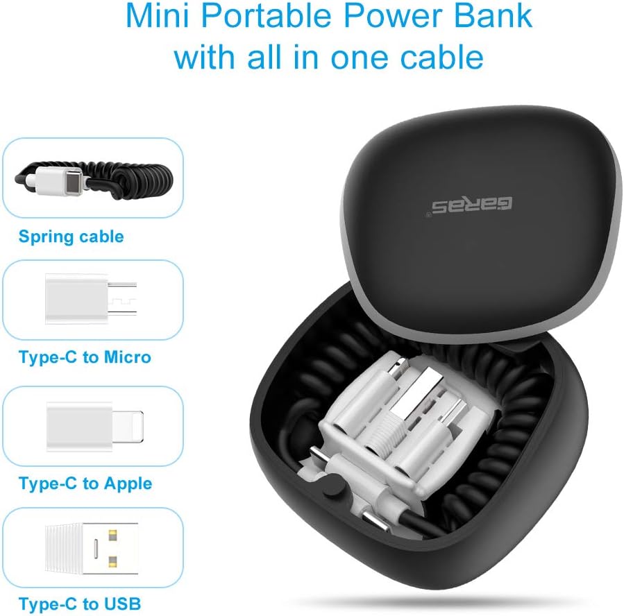 Portable Charger, GARAS 3 in 1 Mini Power Bank Spring Fast Charging & Data Syncing Cord with Portable Storage Box Compatible with Mirco USB, Type C Smartphone and iProduct(Black)