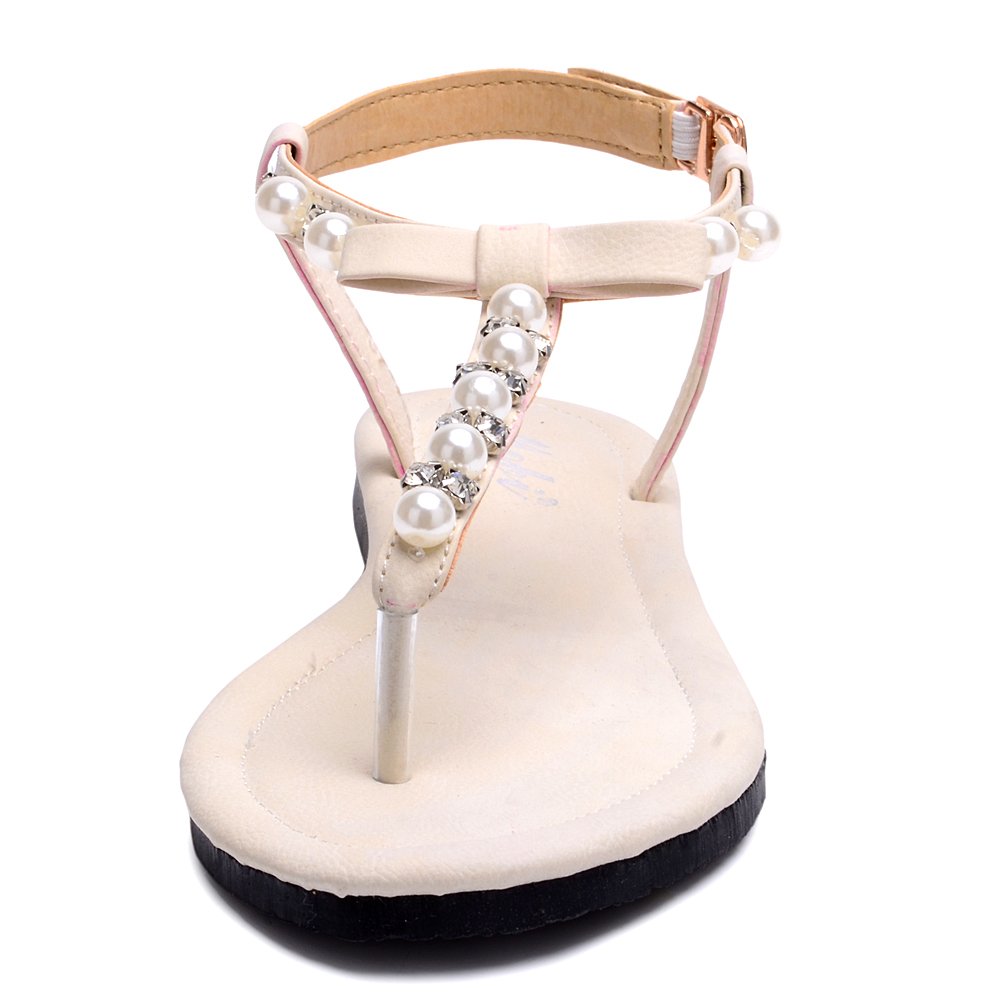 Odema Womens Gladiator Flat Sandals Wedding Pearls Rhinestone Bowknot Shoes White - Image 4