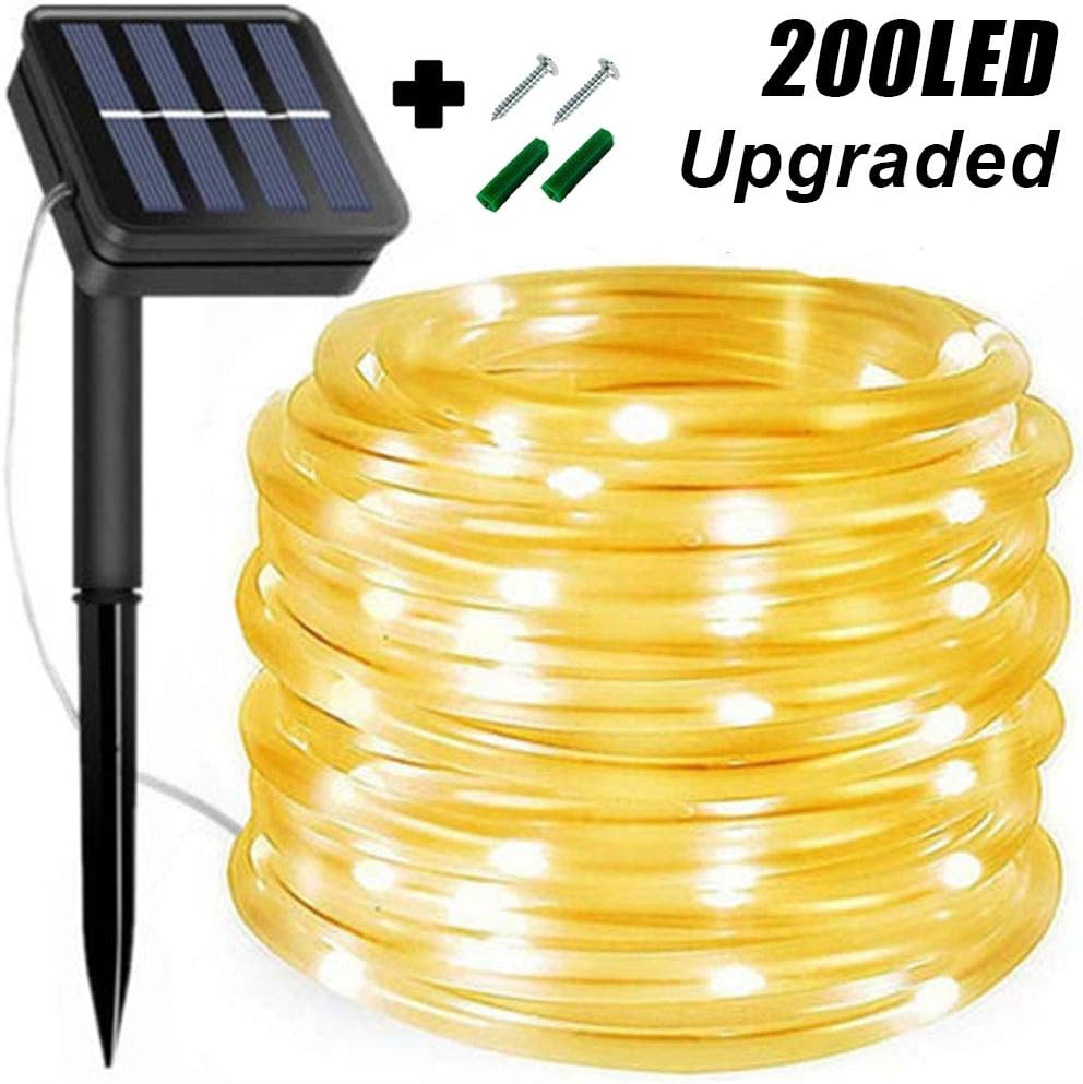 Solar Rope Lights, 66 Feet 200 LED 8 Modes Solar Rope String Lights Outdoor Fairy Lights Rope Waterproof Tube Lights with Solar Panel for Outdoor Indoor Home Decoration Garden Patio Parties
