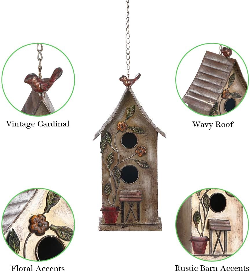 Brogan 15" H Distressed Metal Birdhouses for Outdoors Hanging, Bird House Decorative for Outside Garden Yard, Double Hole with Floral Accents : Garden & Outdoor