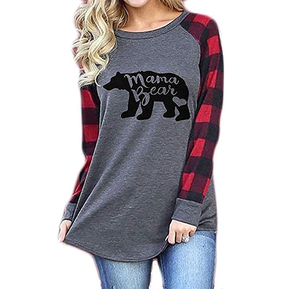 Mellons Womens Casual Plaid Long Sleeve Letter Print Mama Bear Print Shirt Tops Blouse T-Shirts-ANZ