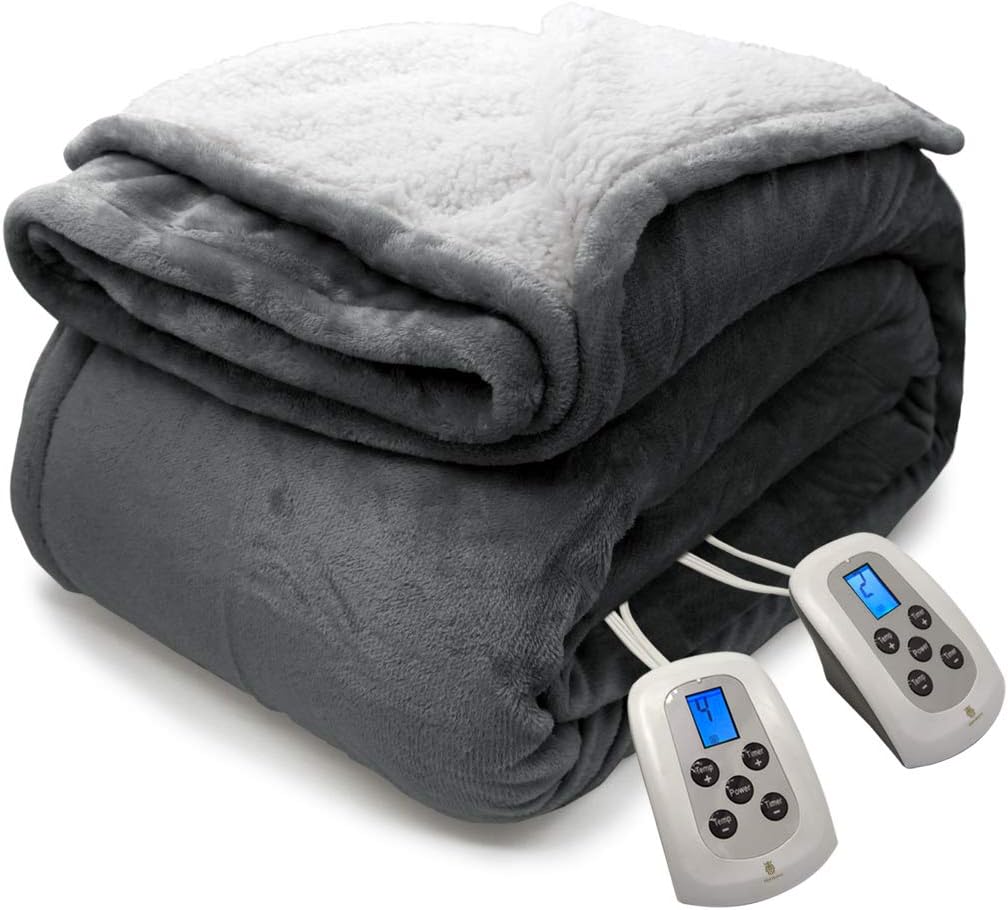 MARQUESS Heated Blanket Throw,Flannel Sherpa Washable and Comfortable Electric Blanket with 4 Settings, Safety 10 Hours Auto-Off &Dual Temperature Dual Control by One Blanket(King, Grey): Kitchen & Dining